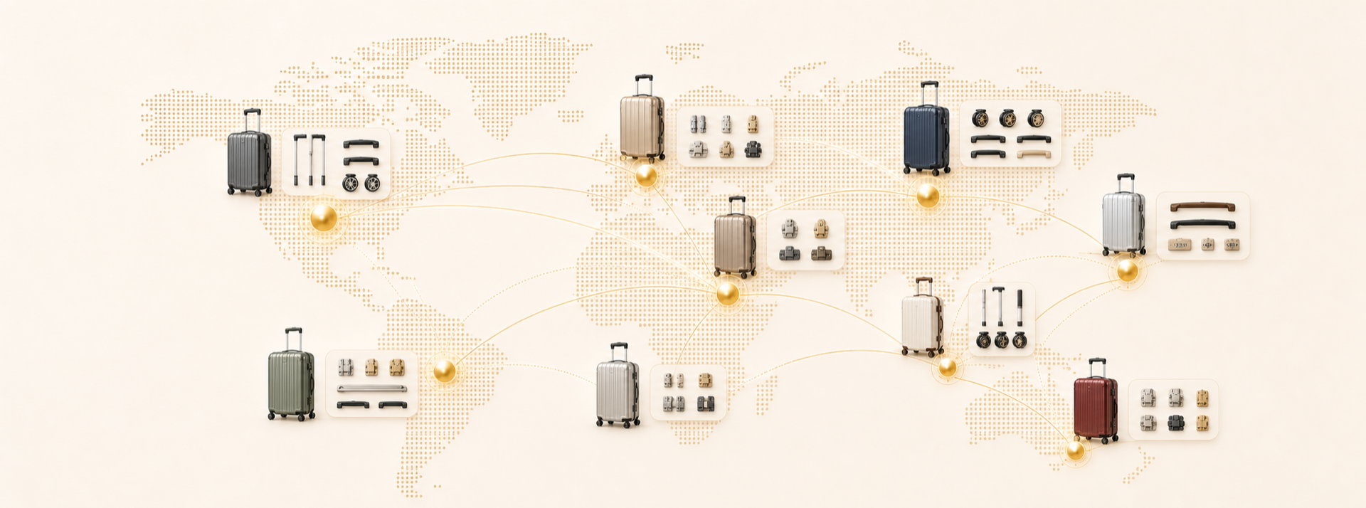 TRAVELDAY global market node map with luggage and component distribution